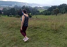 Amateur stepmom flashes huge tits ass and fat pussy lips to stepson in forest wildness