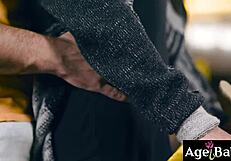 Watch older milf gag deep on young stud's meat to soak her mature pussy