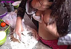 Desi Indian Mommy Fucks Fat Teen in Kitchen with Creampie Talk