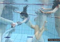 Shaved big tit brunette teases tight pussy underwater in shower