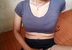 Shemale strokes huge cock then impales ass on thick dildo