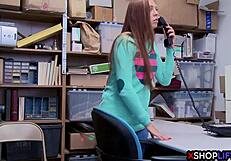 Redhead teen shoplifter gets rough fucked by mall cop in office garage with big cock