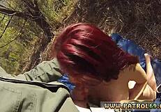 bold cop handcuffs redhead tattoo babe for outdoor bondage fuck