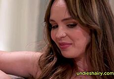 natural busty teen hairy pussy sucks seth gamble's huge cock on sofa