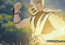 Kitana And Besties Share Hard Cock In Warrior Uniform 4some Licks!