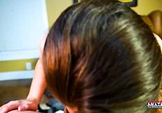 Vicky strokes cock then takes deep brunette bj banging cumshot