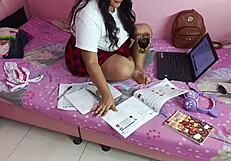 naughty college big ass slut fucks during online classes in miniskirt