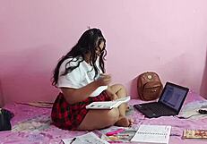 naughty college big ass slut fucks during online classes in miniskirt