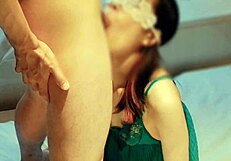 my slim sexy wife in green lingerie sucks off her young boyfriend's cock until he explodes homemade