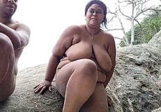 fat brazilian milf flashing huge tits and pussy on nudist beach