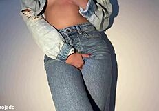 Petite latina neighbor girl soaks jeans in desperate close-up pee fetish