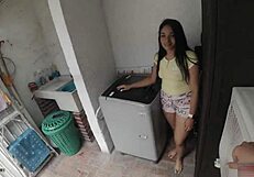 Horny Latina Stepsis Samantha Evans Pays Brother with Deepthroat Blowjob and Throat Cum