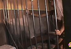 Blonde and Brunette Lesbians Fuck Each Other Hard with Strapon Through Prison Bars