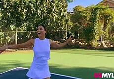 Hey, this milf strips naked for a wild match with her stepson