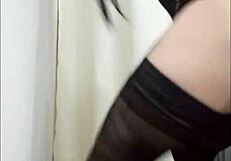 Sexy colombian ladyboy stuffs anal plug jerks pantyhose legs to cumshot