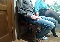Chubby milf jerks stranger cock in waiting room till cum covers her.