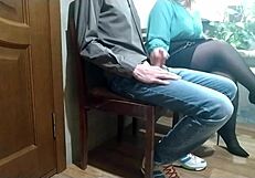 Chubby milf jerks stranger cock in waiting room till cum covers her.