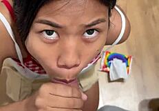 18yo Asian sucks big cock in fitting room then swallows cum.