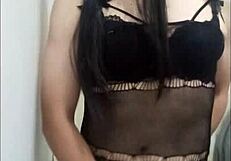 Sexy colombian ladyboy stuffs anal plug jerks pantyhose legs to cumshot