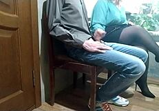 Chubby milf jerks stranger cock in waiting room till cum covers her.