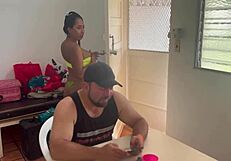 Wife Fucked By Husband's Friend Bent Over In Kitchen While He Cooks