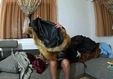 mmm curvy milf calla fingers juicy pussy in shiny fur coats and heels 😍