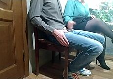 Chubby milf jerks stranger cock in waiting room till cum covers her.