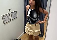 18yo Asian sucks big cock in fitting room then swallows cum.