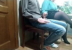 Chubby milf jerks stranger cock in waiting room till cum covers her.