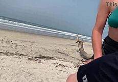 Public beach handjob milf pumps big cock to cumshot explosion