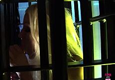 brunette bdsm master orders slaves to fuck her while blondes stay caged nearby