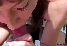 A cute teen gives a public blowjob to a big dick stranger outside and swallows his cum in her mouth