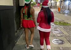 Brazilian babes flash big tits and tight pussies for monster cock at Christmas