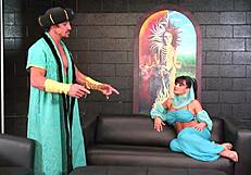 jessica lynn lounges on magical couch in genie costume stroking her shaved pussy