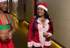 Brazilian babes flash big tits and tight pussies for monster cock at Christmas