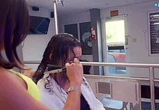 Slutty latina stylist with tight brunette pussy squirts huge during client's haircut fuck 😈💦.