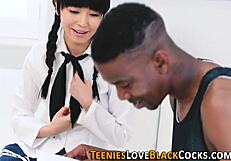 Asian teen 18+ gags deep on massive BBC throat bulging in hardcore interracial suck session