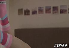 Red sexy teen 18+ager spreads legs wide drills tight twat deep with huge dildo fingering wet pussy