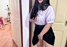 Girlfriend catches her student friend masturbating on sofa then rides him cowgirl