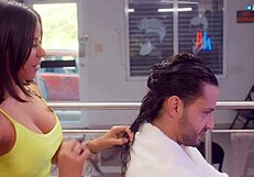 Slutty latina stylist with tight brunette pussy squirts huge during client's haircut fuck 😈💦.