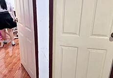 Girlfriend catches her student friend masturbating on sofa then rides him cowgirl