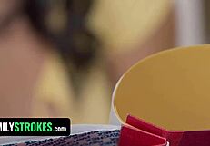 Hey stepmom caught us, wanna join this big tits threesome ride?