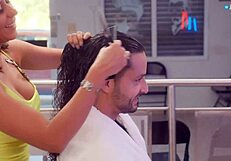 Slutty latina stylist with tight brunette pussy squirts huge during client's haircut fuck 😈💦.