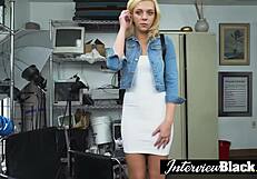 Petite blonde teen takes hardcore interracial deepthroat on casting sofa!