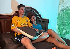 stepsister's wet mouth craves my throbbing cock while tv drones on endlessly