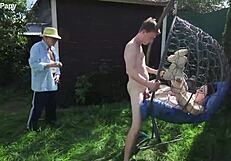 old papy watches teen slut's public anal gaping on huge cocks before ass to mouth