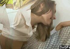 beautiful brunette teen bent over sofa for neighbor's doggy pounding 💦😍