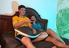 stepsister's wet mouth craves my throbbing cock while tv drones on endlessly