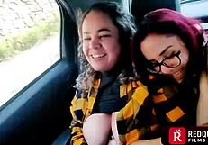 two crazy big titted blondes and latinas fuck in car while everyone watches