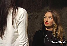 lesbian slave bent over takes big black strapon deep in pussy